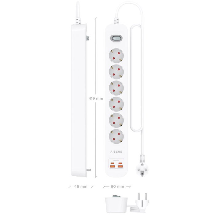 Aisens Regleta de 6 Tomas con 2 USB-C y 2 USB-A, Cargador 20W, Blanco Aisens Regleta de 6 Tomas con 2 USB-C y 2 USB-A, Cargador 20W, Blanco